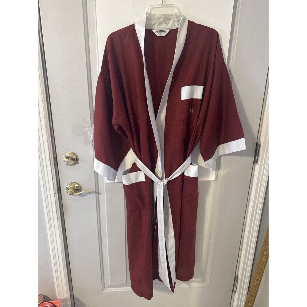 Vintage Christian Dior Monsieur Robe Burgundy Ivory Shawl Collar Belted One Size - Picture 3 of 7